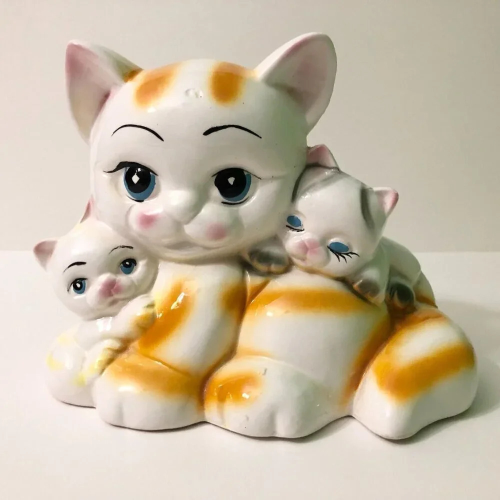 Vintage Cat Coin Bank Kittens Ceramic  Figurine 8 Inch Long Kitsch